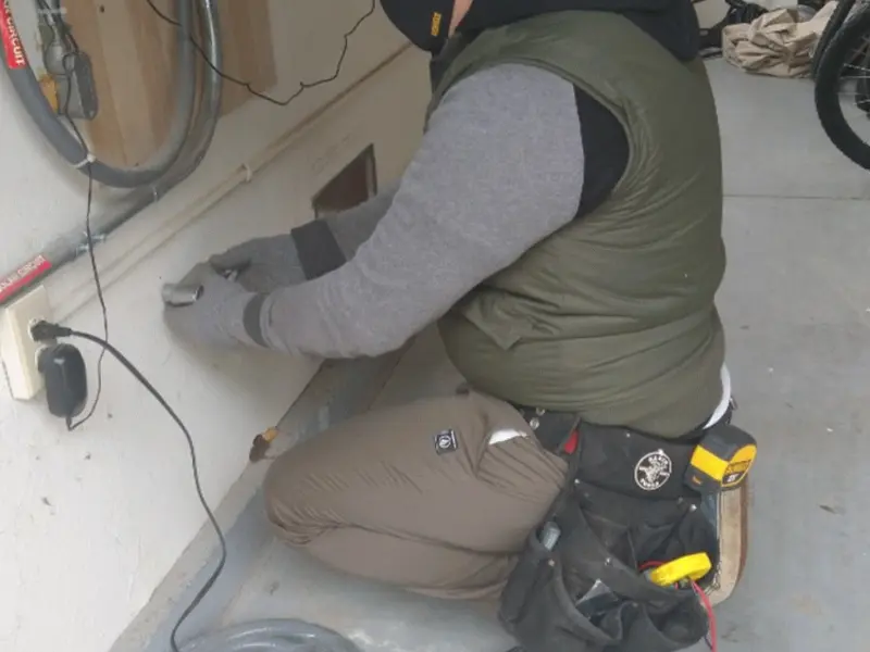 Electrician performing outlet wiring in a Norfolk garage